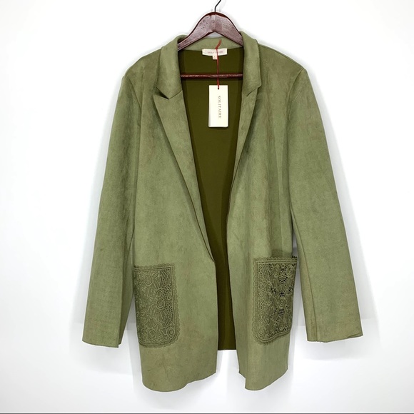 Solitaire Jackets & Blazers - Vegan Suede Jacket Crochet Pocket Olive Green L